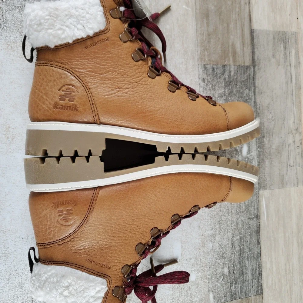 Kamik Rogue Hike 3 Womens Winter Boots Sz 8 Cognac Leather Side Zipper Lace Up
